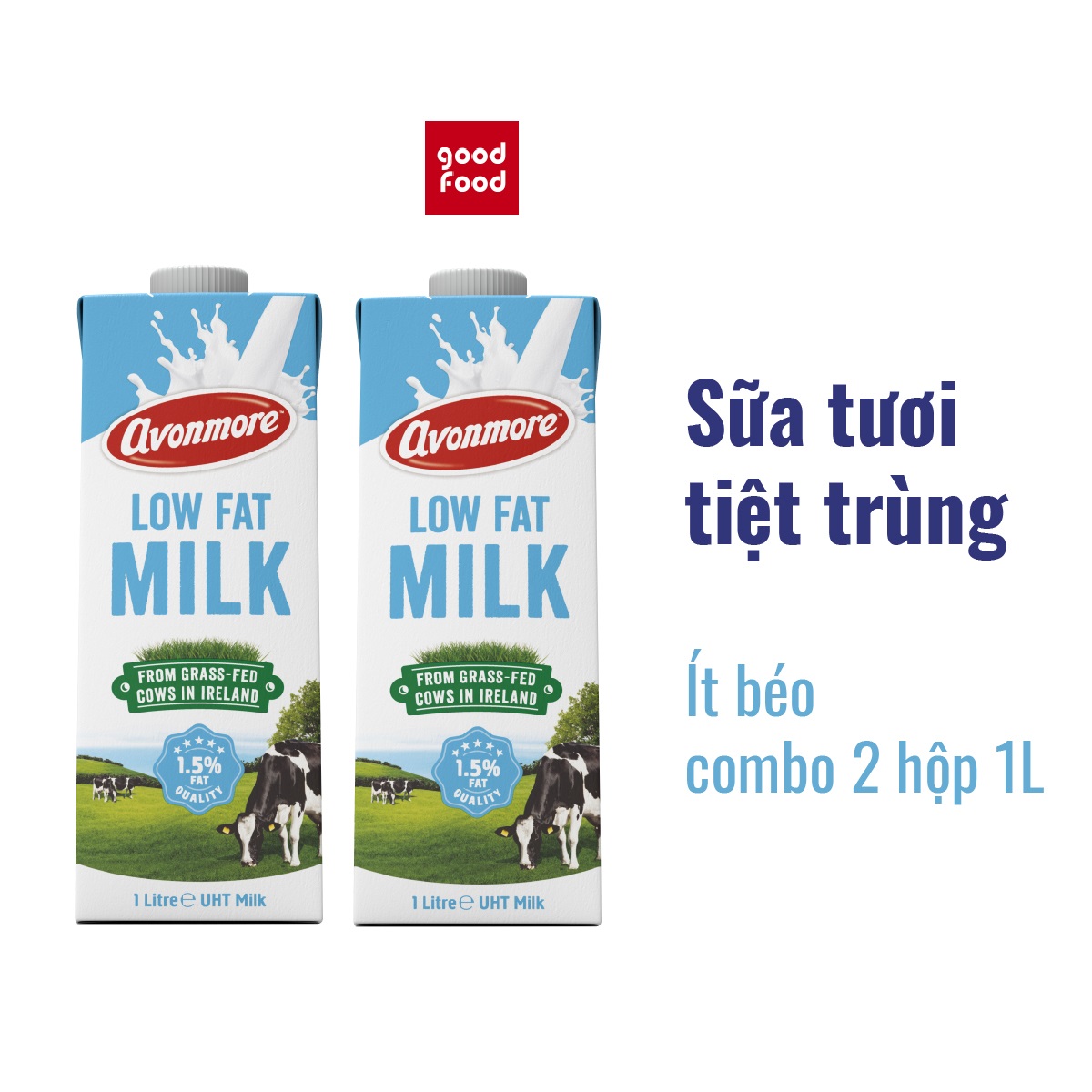 Combo 2 hộp Sữa tươi ít béo tiệt trùng (không đường) Avonmore UHT Low Fat Milk 1L