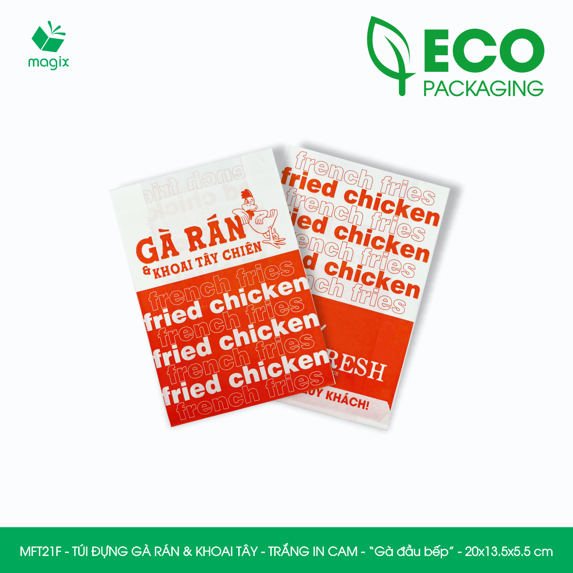 MFT21F - 20x13.5x5.5 cm - 500 Túi giấy MG đựng gà rán và khoai tây chiên, túi đựng thực phẩm