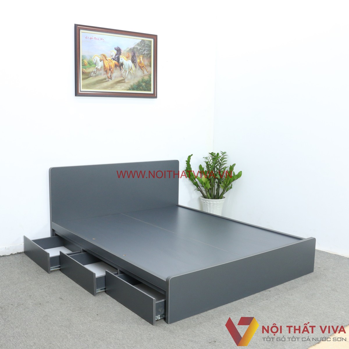 Giường Ngủ Màu Xanh Đen Gỗ MDF 3 Hộc Kéo Đẹp Sang Trọng Cá Tính