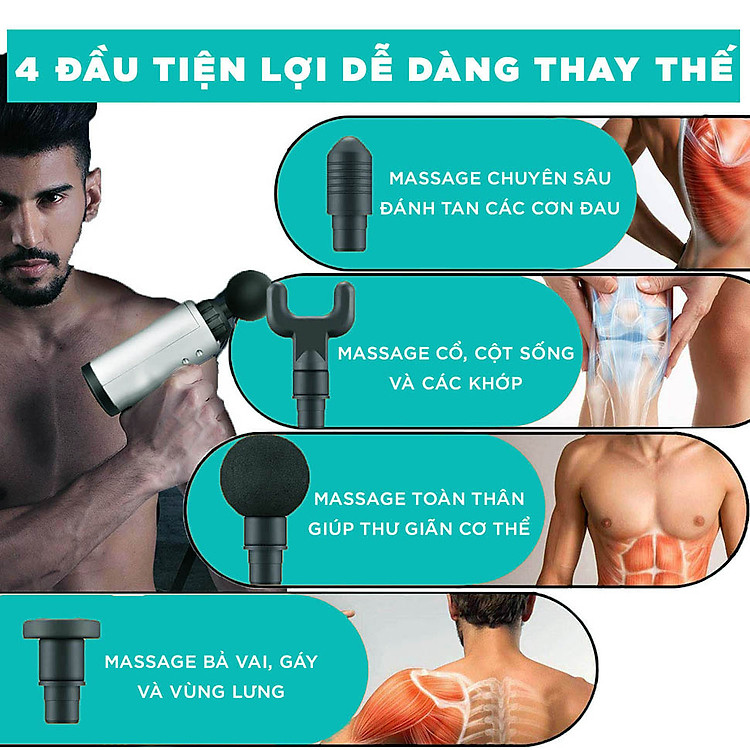 Máy massage mini cầm tay  Mát xa 6 cấp độ, hỗ trợ maassage chuyên sâu, giảm đau cơ, cứng khớp hiệu quả nhanh chóng, đi kèm 4 đầu chuyên dụng - Quà tặng cho sức khỏe