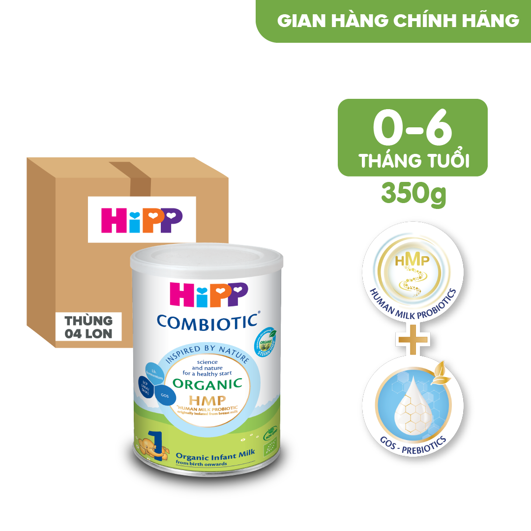 Thùng 4 lon Sữa bột dinh dưỡng công thức HiPP 1 Organic Combiotic 350g chất lượng hữu cơ tự nhiên an toàn, hỗ trợ, tăng cường sức khoẻ hệ miễn dịch, bổ sung omega 3,6 (DHA&ARA) dành cho trẻ dưới 6 tháng tuổi (4 lon x 350g)