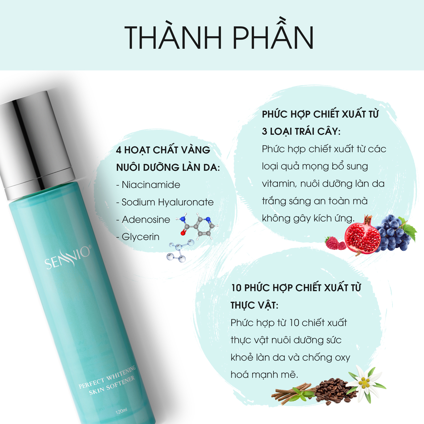 Nước hoa hồng se khít lỗ chân lông SennioPerfect Whitening Skin Softner cấp ẩm tái tạo và phục hồi da 120ml SNO 827