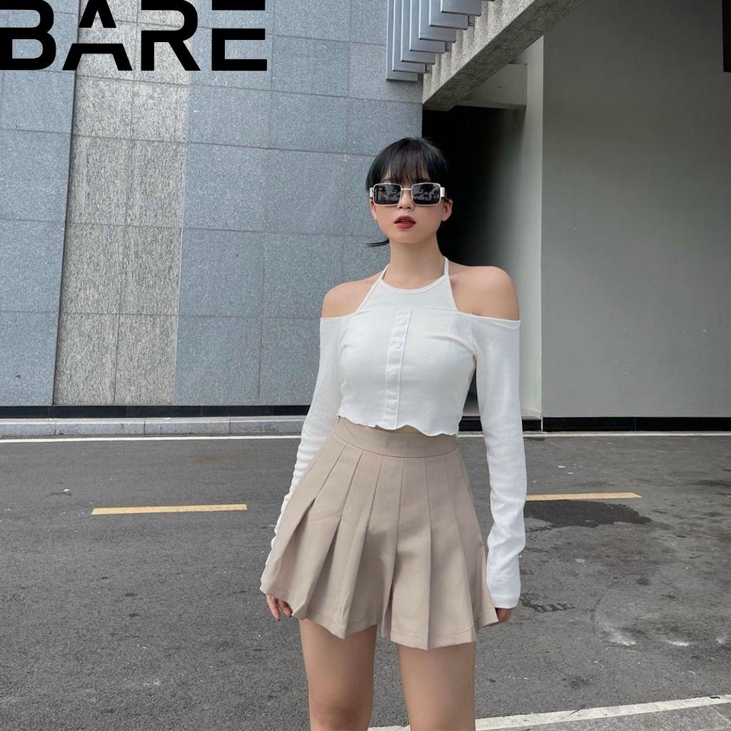 Áo hở vai tay dài nữ kiểu cổ yếm cột nơ sau form áo croptop ôm mới lạ - AO03