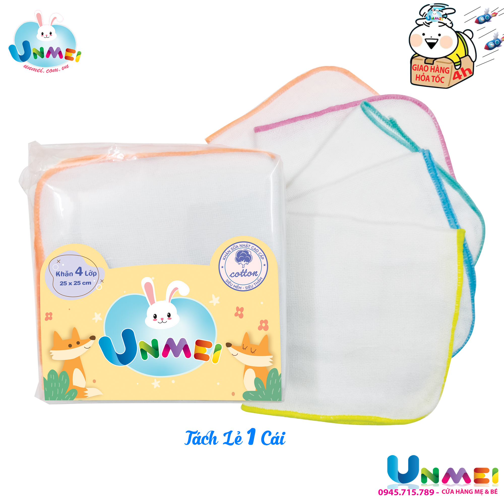 Khăn Sữa Vải Gạc Unmei -  Dày 4 lớp 25x25cm 100% cotton (Đồ dùng vệ sinh cho bé)