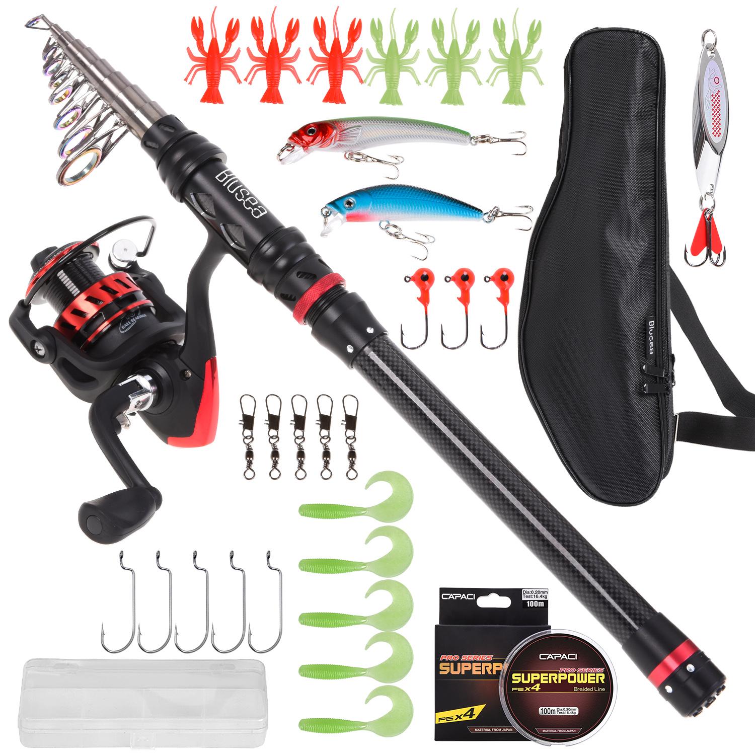 Combo Cần câu câu bằng sợi carbon, cuộn quay, dây câu, và nhiều loại mồi, móc, Với túi đựng