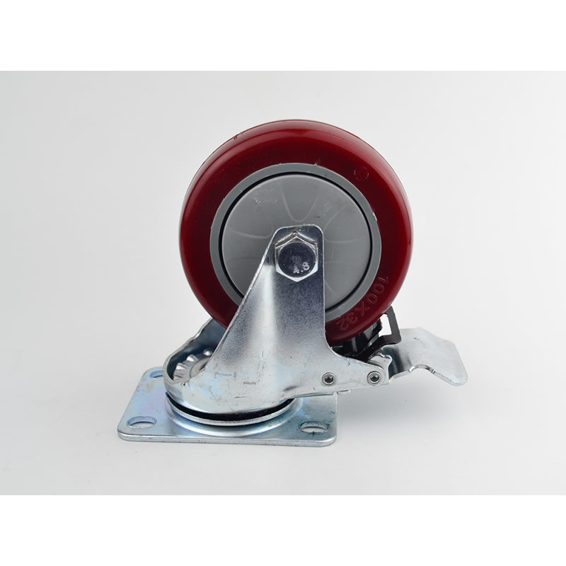 Bánh xe đẩy mặt đế xoay càng sắt mạ kền tải trọng 50kg lốp nhựa TPR đỏ mận rộng 32mm Φ75mm có khóa