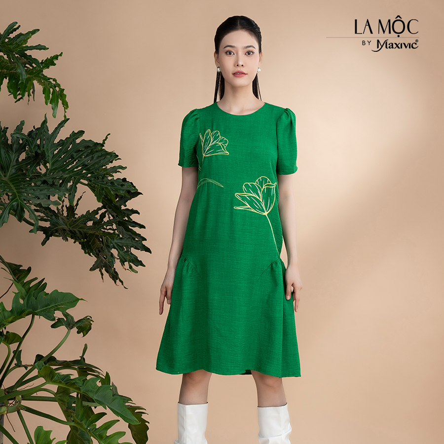 Đầm xô lụa xanh thêu tay phồng La Mộc LM022422