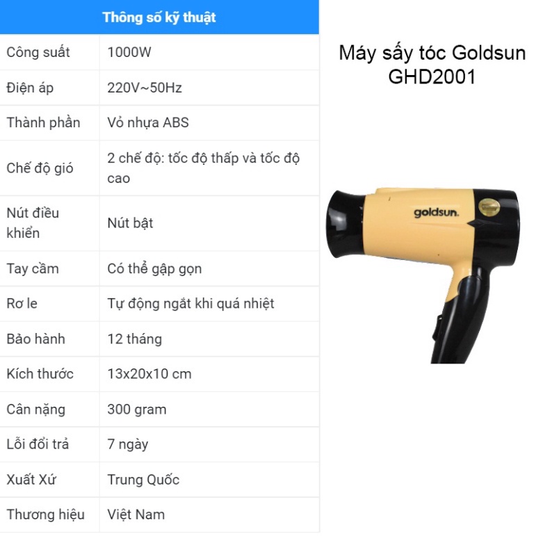 Máy sấy tóc Goldsun GHD2001 công suất 1000W siêu bền sấy mạnh nhanh khô - Hàng chính hãng Goldsun