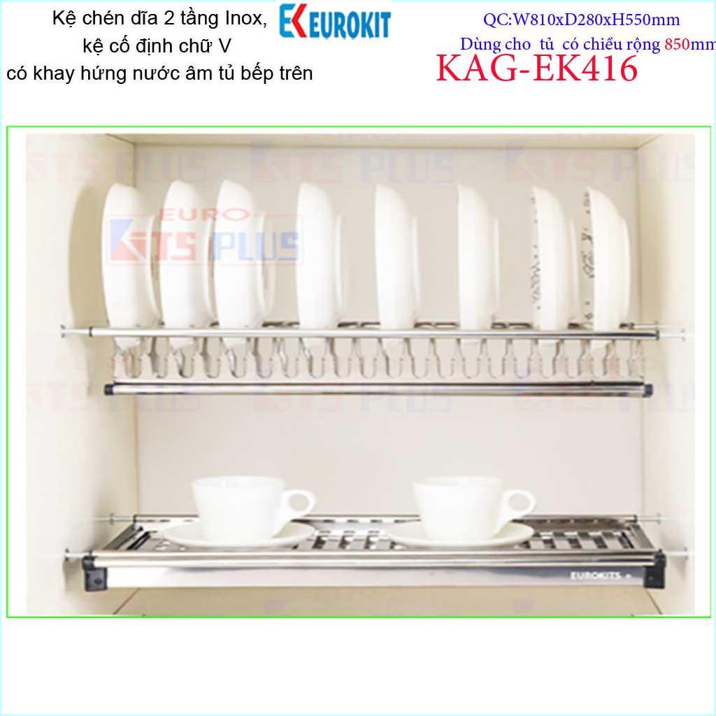 Kệ chén dĩa âm tủ chữ V KAG-EK416-85cm, Kệ chén bát 2 tầng Eurokit inox bóng cao cấp