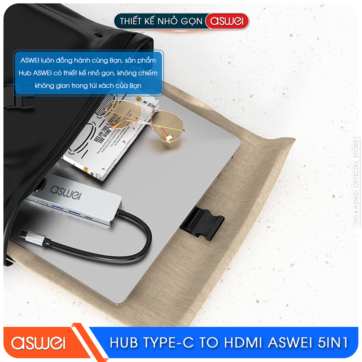 Hub Type C ASWEI 5 in 1 To HDMI, USB 3.0, Lan RJ45, PD 100W - Hàng Chính Hãng