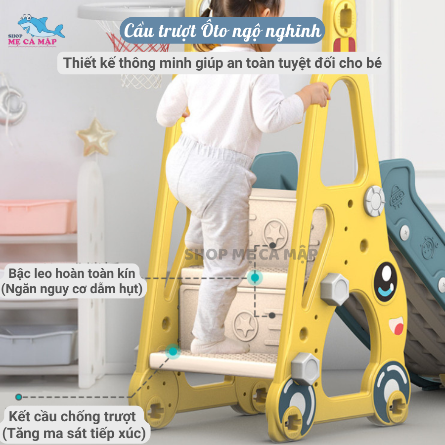 Cầu trượt xích đu Pakey ÔTÔ Cầu trượt cho bé TẰNG KÈM BÓNG RỔ Chịu tải 50kg Hàng Dày Dặn