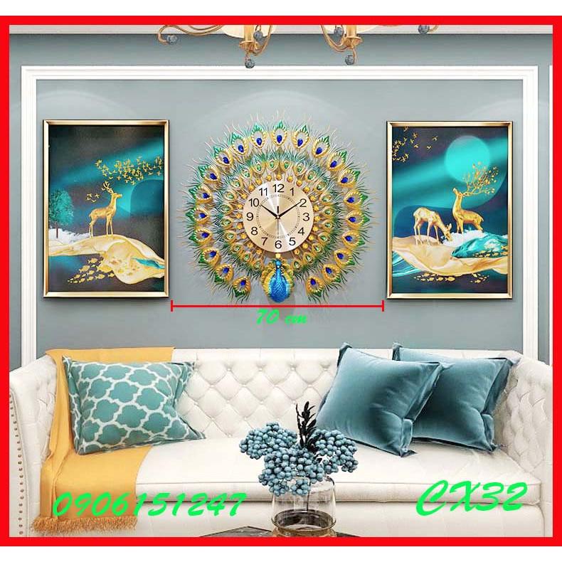 Đồng hồ treo tường trang trí decor chim công CX32 Khổng Tước xanh kích thước 70 x 70 cm