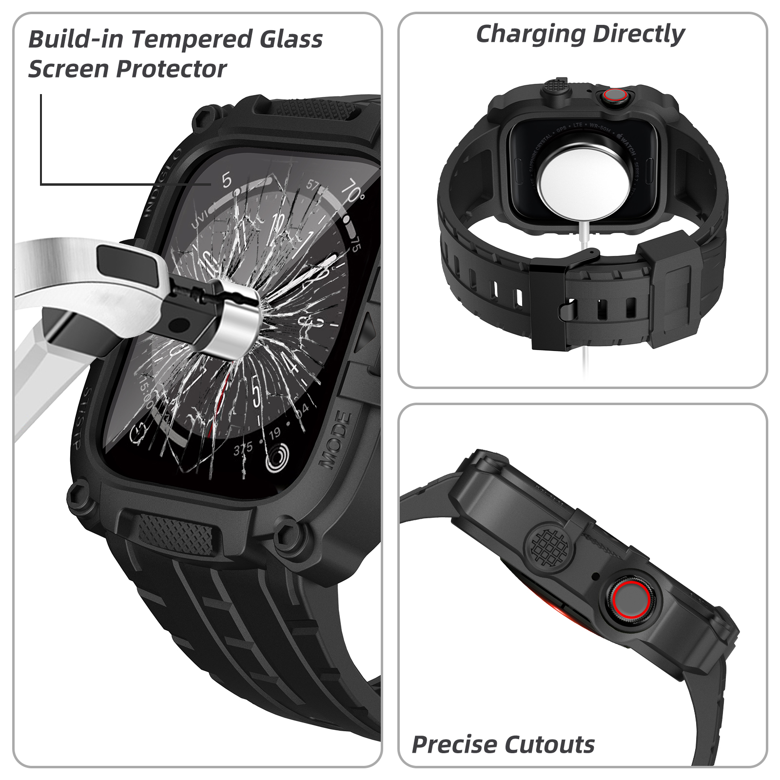 Ốp Case Kính Cường Lực tích hợp dây đeo TANK 360 cho Apple Watch Series 4/5/6/SE/7/8/9/SE1,2 Size 44mm/45mm - Hàng Chính Hãng