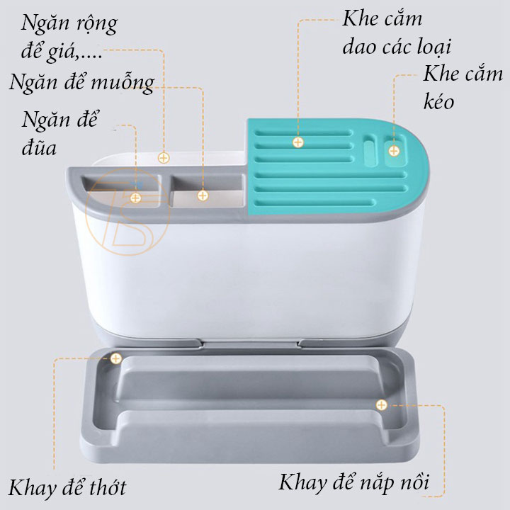 Hộp đựng cắm dao kéo muỗng nĩa để bàn có khay hứng nước kèm giá để thớt và nắp nồi trong nhà bếp