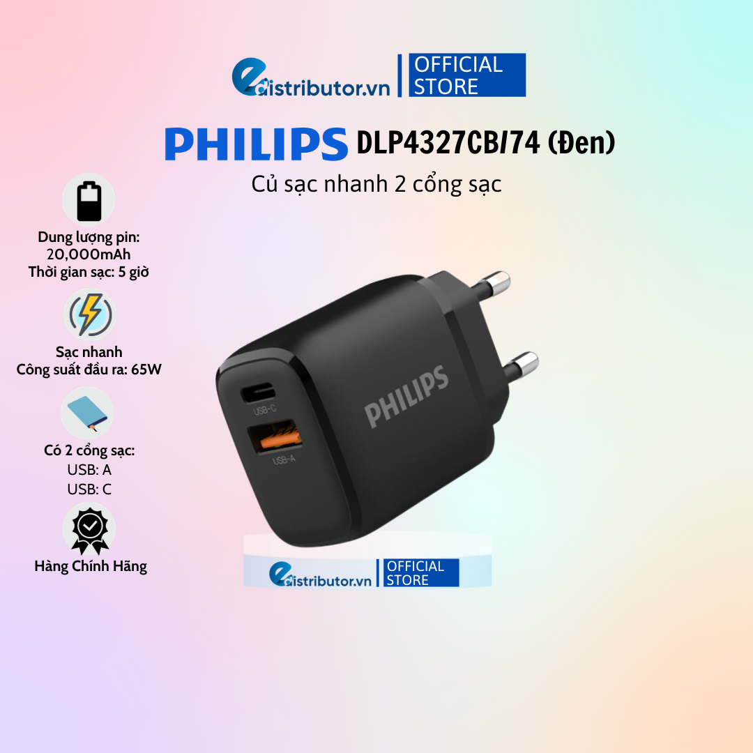 Củ sạc nhanh Philips 2 cổng sạc DLP4327CB/74 - DLP4327CW/74 - Hàng Chính hãng