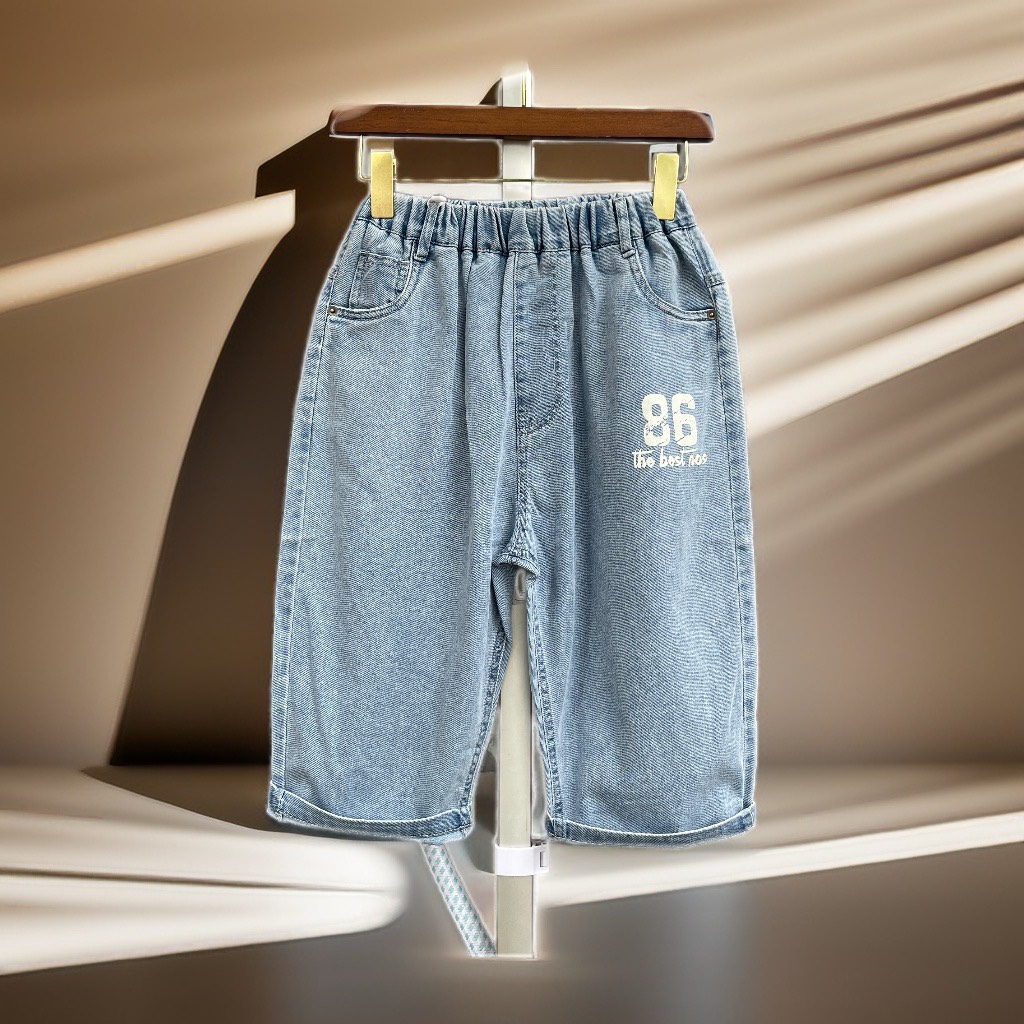 Quần bò bé trai lửng size đại, Quần jean trẻ em 14-20 tuổi in số 86 vải mềm mại khỏe khắn thời trang
