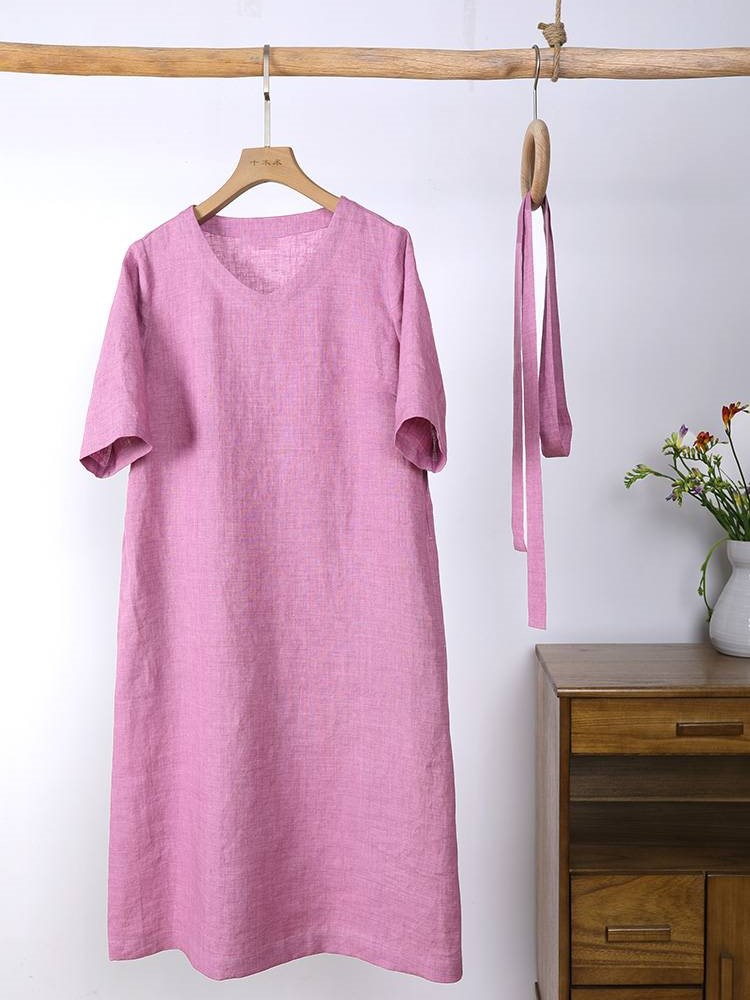 Đầm linen suông cổ tim tay lỡ, chất linen cao cấp kèm dây eo rời Đũi Việt