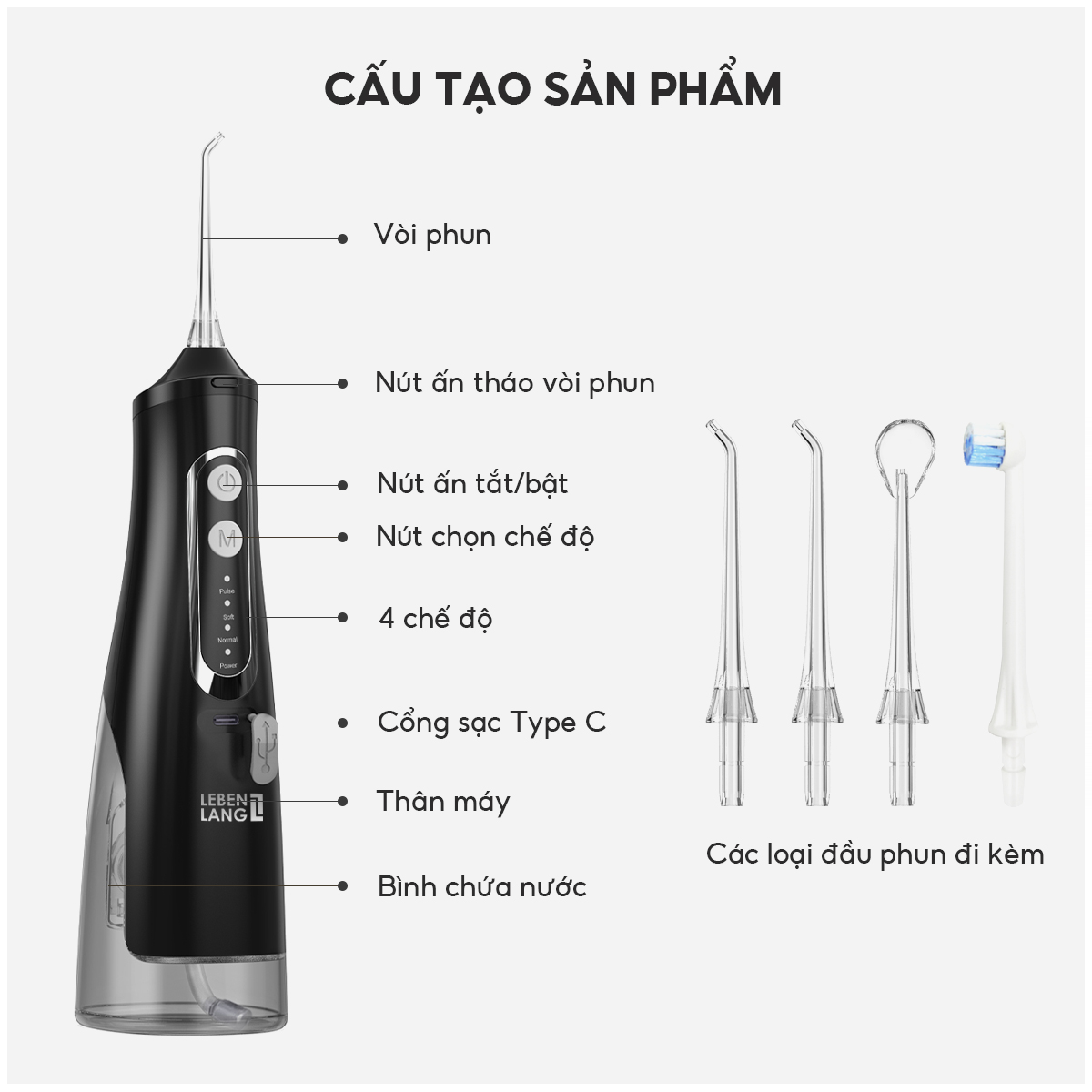 Máy tăm nước Lebenlang cầm tay LBT1488, 6W, chống thấm nước 2000mah, 310ml, tích hợp pin, bảo hành 2 năm - hàng chính hãng