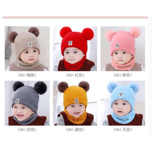 Set mũ len 2 bông và khăn len cho bé 6 tháng đến 3 tuổi