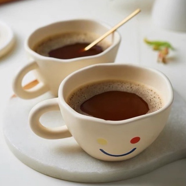 Cốc uống cà phê bằng sứ nhám họa tiết mặt cười đơn giản phong cách Retro - Smiley face coffee cup