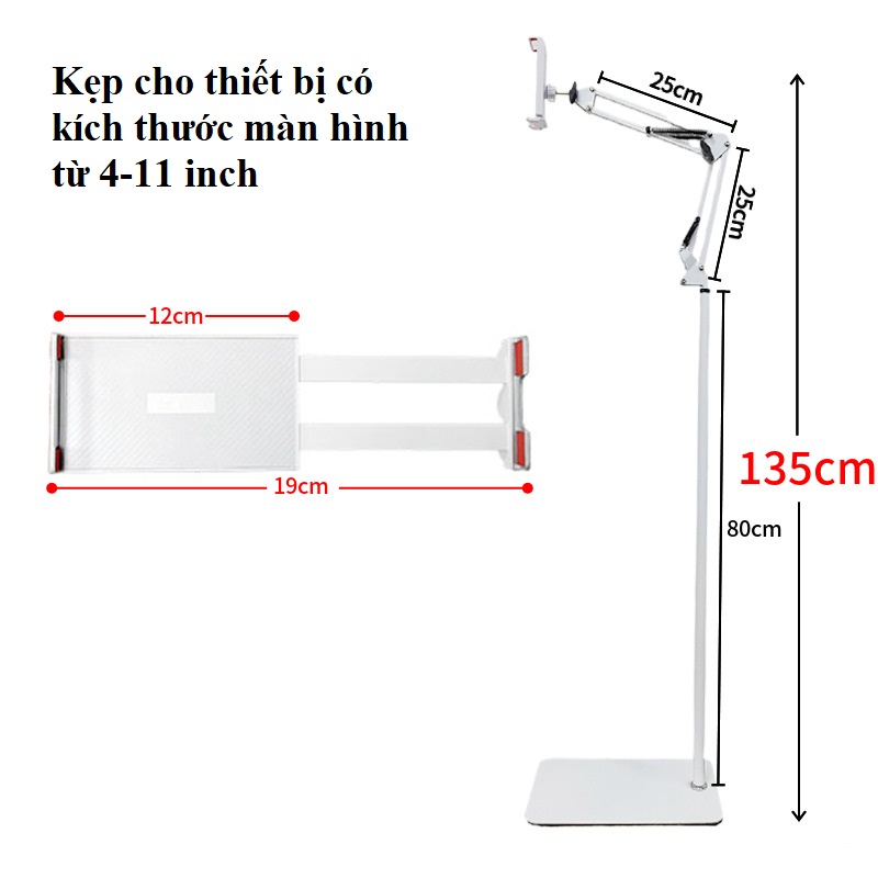 Giá đỡ máy tính bảng trên sàn chịu lực 2kg Giá đỡ lười cạnh giường có thể điều chỉnh 360 ° Tablet Floor Stand