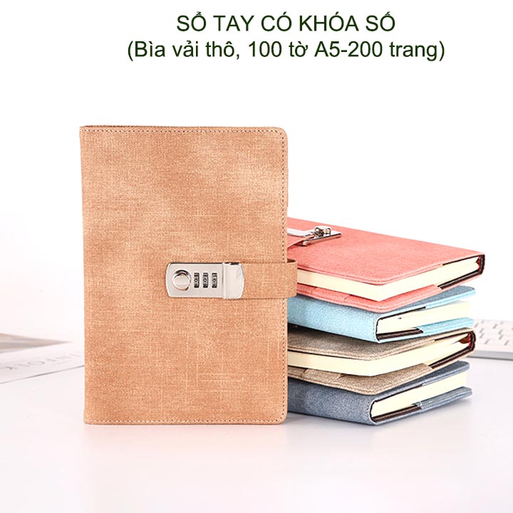 Sổ tay trang bị khóa số khổ A5, 100 tờ, bìa bằng vải thô siêu bền