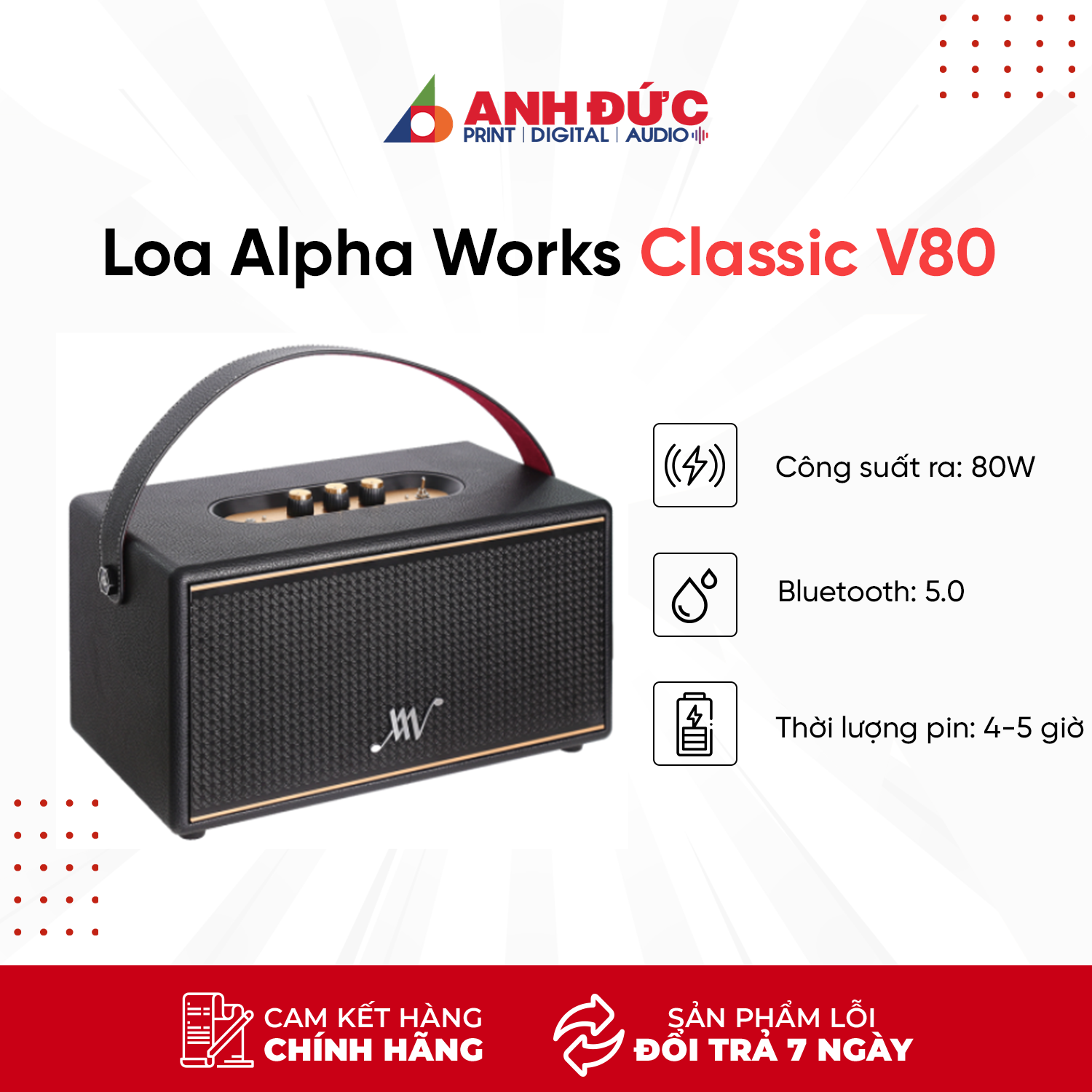 Loa Bluetooth Alpha Works Classic V80 (Pin 5h, Công Suất 80W) - Hàng Chính Hãng