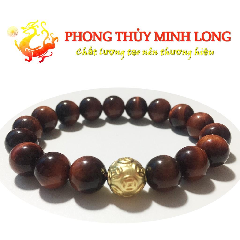 Vòng tay đá mắt hổ Đỏ Nâu chất lượng 5A Mix 1 hạt Kim Tiền Vàng hợp mệnh Hỏa và Thổ