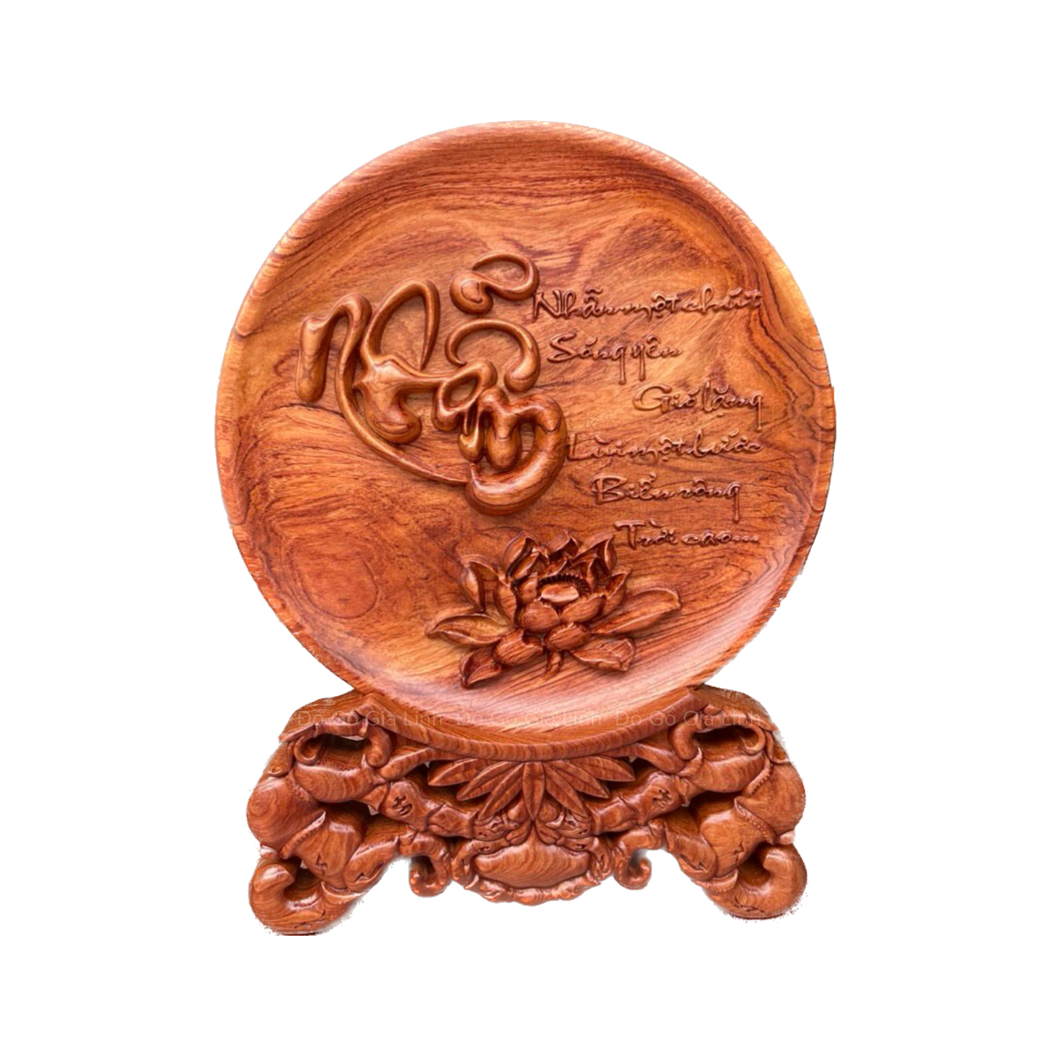Đĩa gỗ chữ Nhẫn Đồ Gỗ Gia Linh gỗ Hương đá liền khối kèm chân đế