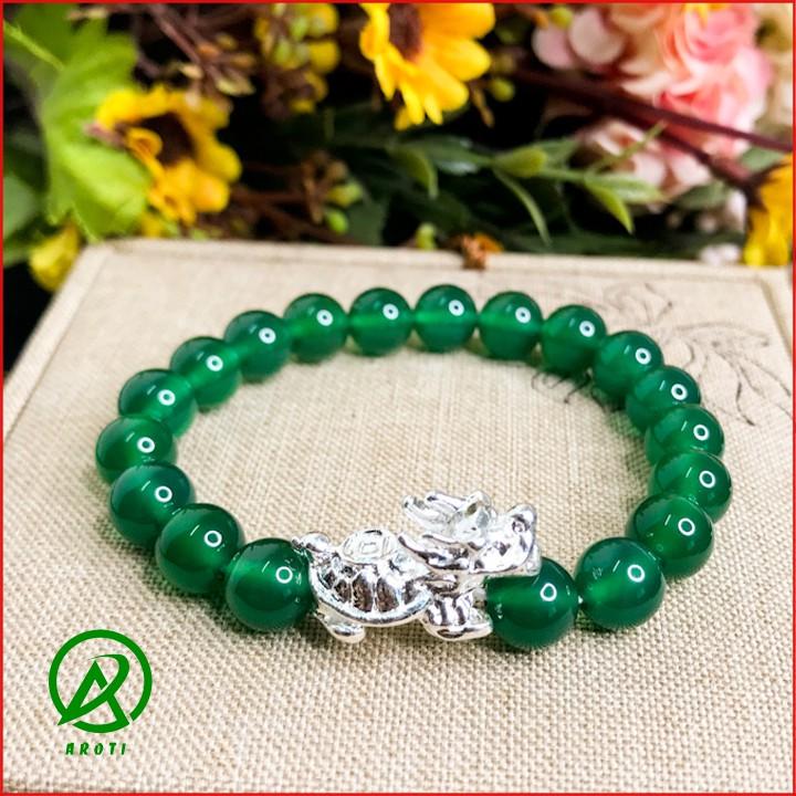 Vòng Tay Phong Thủy Mệnh Mộc - Vòng Tay Mã Não Xanh Lá 8mm Mix Long Quy Bạc Độc Lạ V381-8