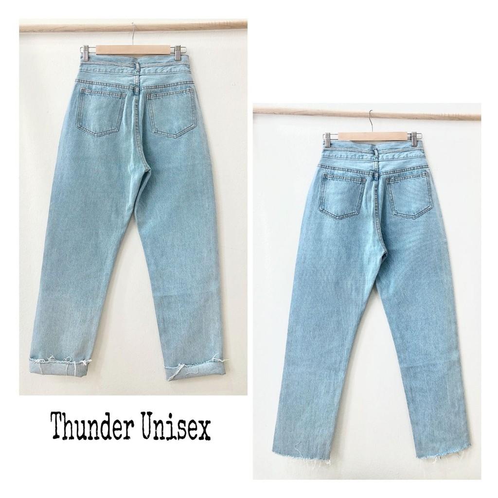 Quần Jean Nữ Dáng Baggy Cạp Lưng Cao Trơn Chất Bò Dày Dặn Màu Xanh Nhạt Sáng ThunderUniex Phong Cách Hàn Quốc Ulzzang