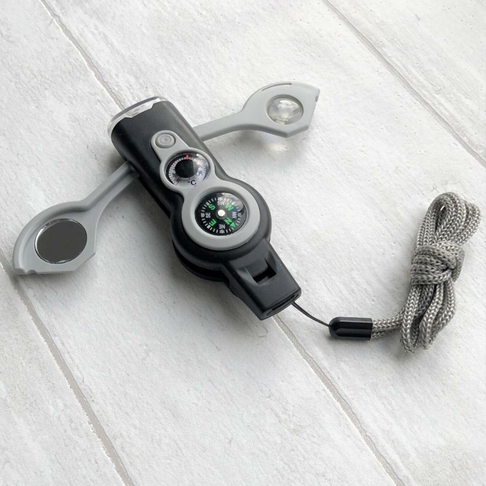 Emergency Whistle,7-in-1 Tool, Survival Flashlight Mirror with Storage,Hiking Compass,Camping Thermometer,Magnifier Mirror for Survival Compass