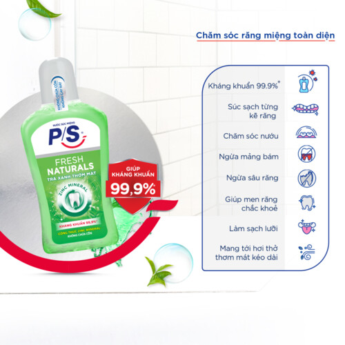 Combo 2 Nước Súc Miệng P/S Trà Xanh Zinc Mineral Không Cồn Không Cay Rát Kháng Khuẩn 99.9% Hơi Thở Thơm Mát 500Ml/Chai