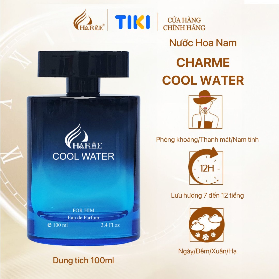 Nước Hoa Nam CHARME COOL WATER 100ml Lưu Hương Lâu Phóng Khoáng, Nam Tính_Nước Hoa Chính Hãng