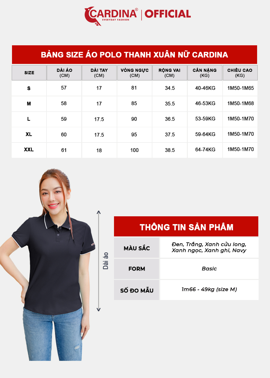 Áo Polo Nữ CARDINA Chất Thun Lạnh Cao Cấp Áo Cổ Bẻ Phối Màu Cộc Tay Mềm Mại 3APF03