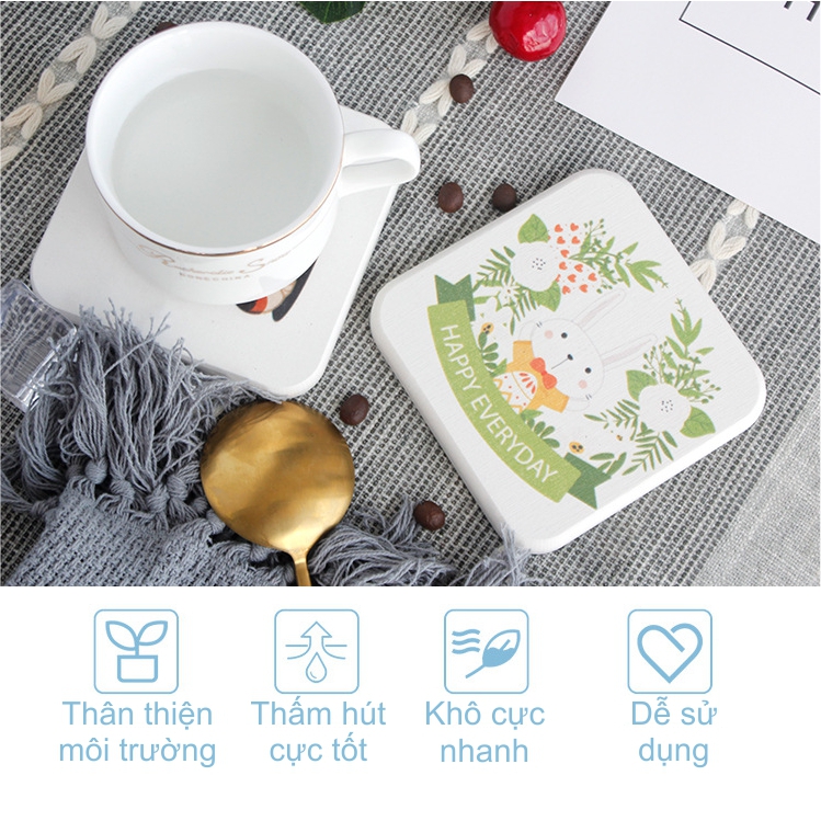 Miếng lót ly - Tấm lót ly, cốc siêu hút nước bằng đất xốp Diatomite họa tiết, thông điệp dễ thương - Chuột