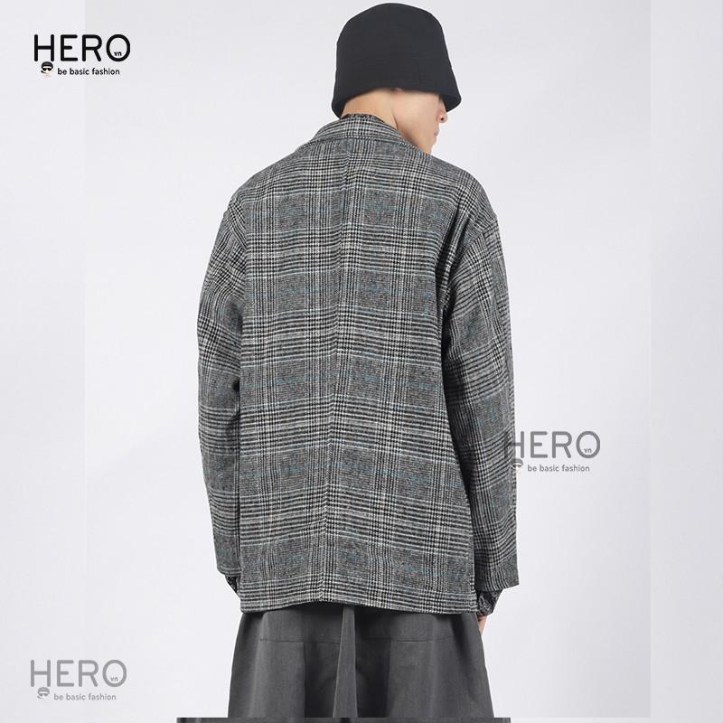 Áo Blazer Caro Form Rông Dài Tay BZ09, Áo Khoác Vest Blazer Học Sinh Hàn Quốc Nam Nữ Thời Trang HERO