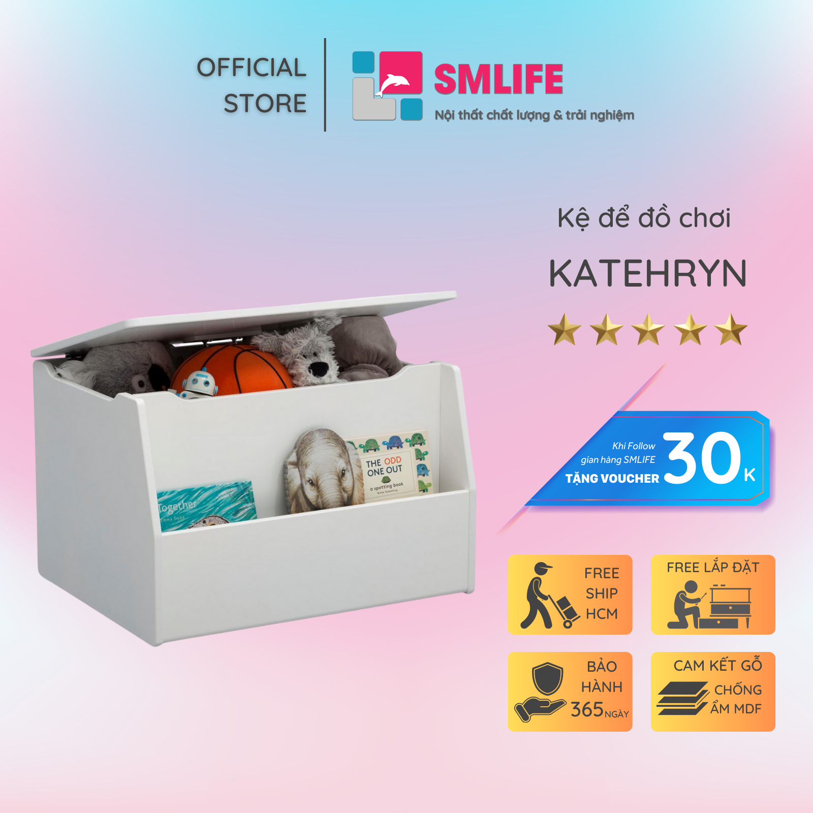 Kệ để đồ chơi cho bé SMLIFE Katehryn | Gỗ MDF dày 17mm chống ẩm | D65xR50xC42cm
