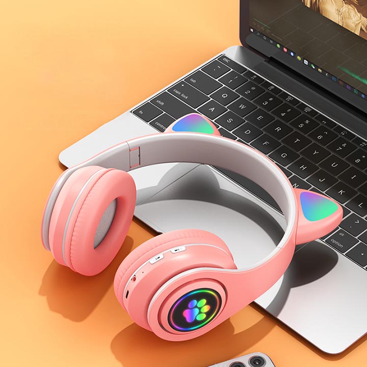 Tai nghe chụp tai headphone bluetooth Hewolf tai nghe mèo không dây hàng chính hãng có đèn LED nghe nhạc chơi game đàm thoại dùng được cho điện thoại, laptop, máy tính