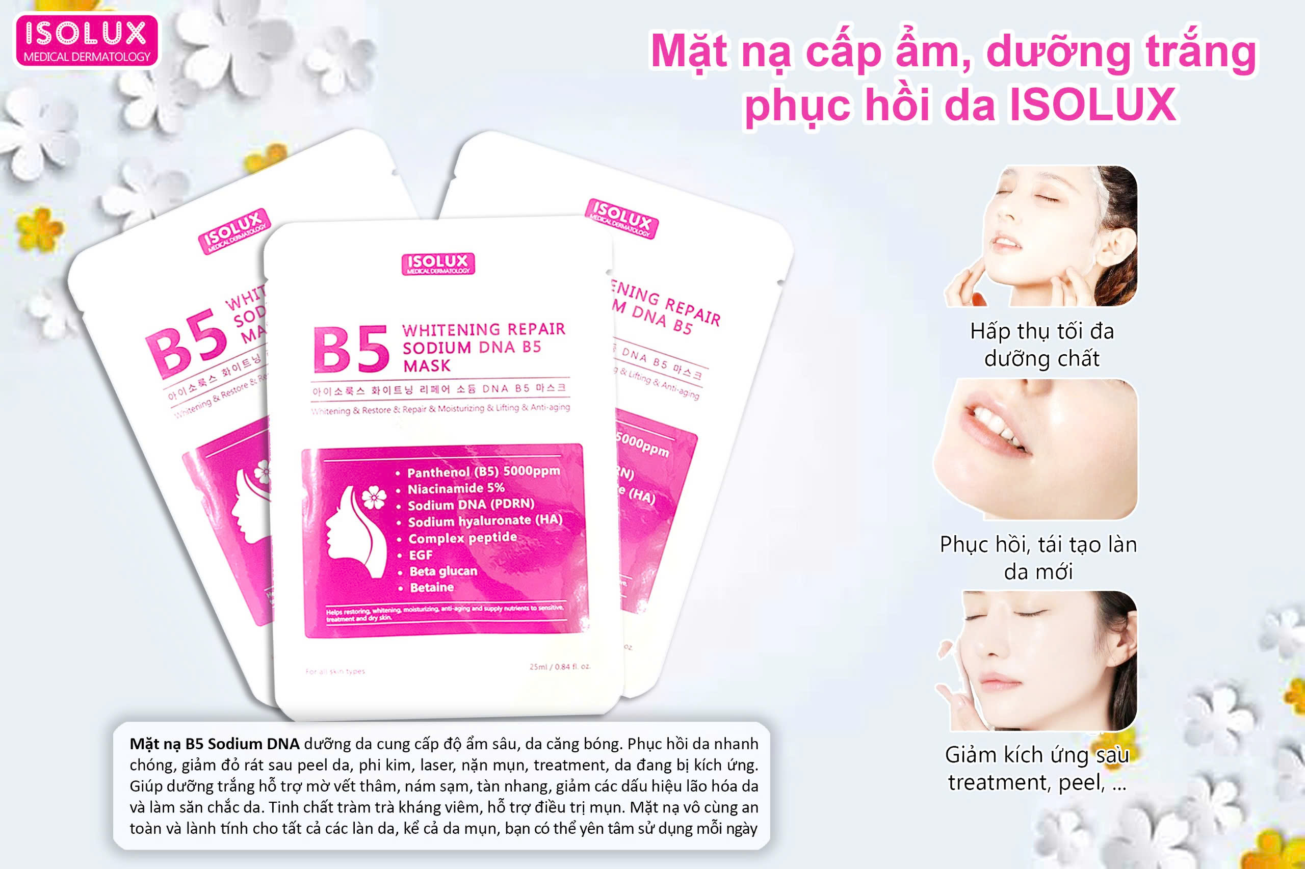 Mặt nạ ISOLUX Whitening repair sodium DNA B5 mask Hàn Quốc 25ml hạn 2027 - dưỡng trắng cấp ẩm phục hồi da