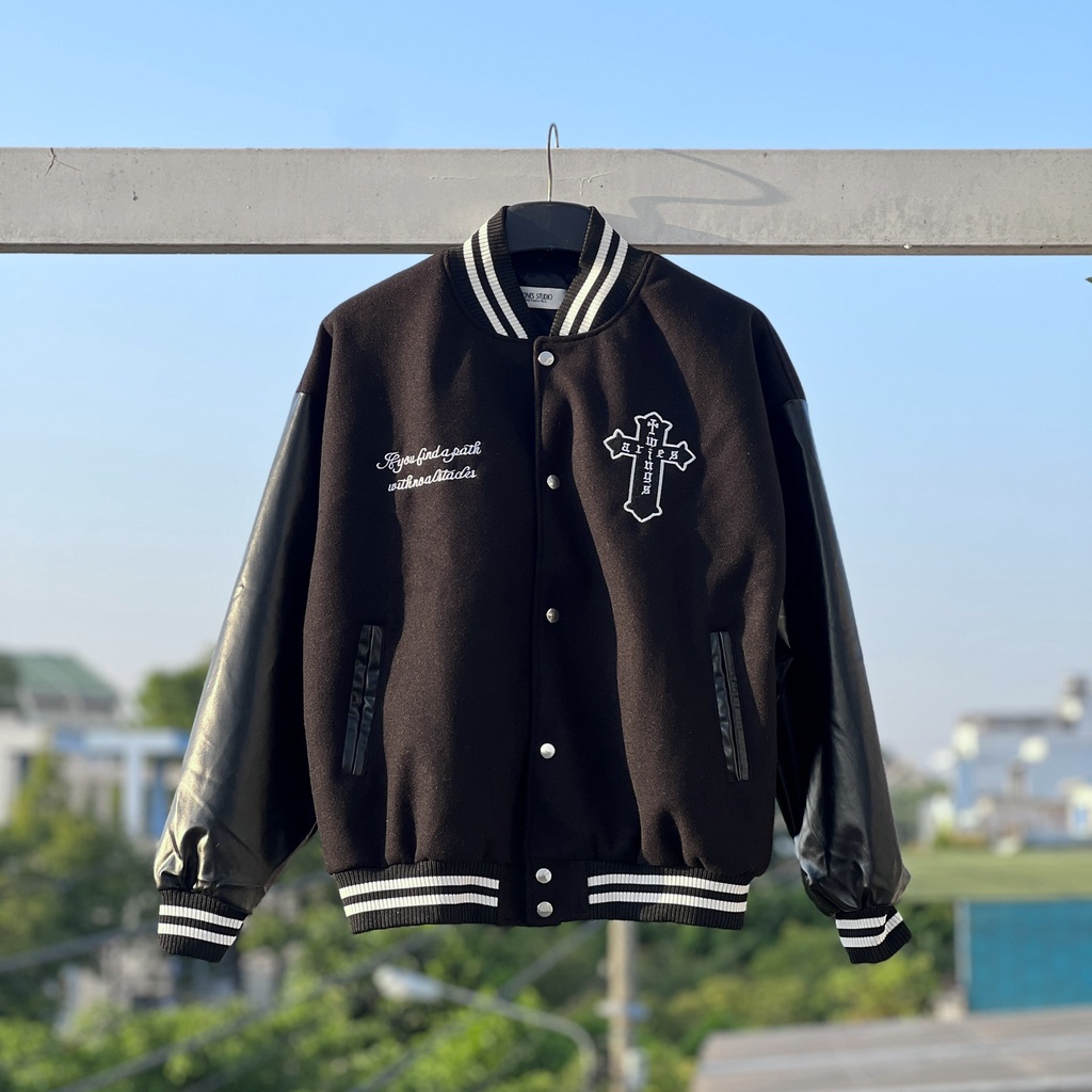 Áo khoác Bomber tay da , varsity jacket nam nữ chất dạ 2 lớp , áo khoác bóng chày local brand unisex