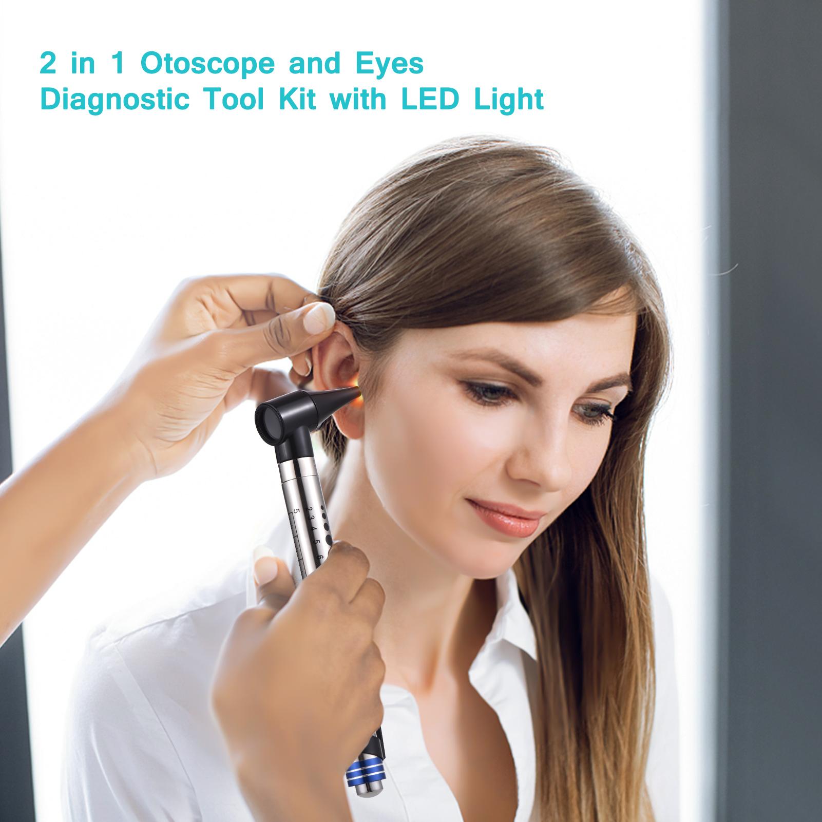 2 in 1 Otoscope and Eyes Diagnostic Tool Kit with LED Light 4mm Replaceable Ear Tips Portable Stainless Steel Handheld Optical Otoscope Ears Diagnostic Supplies
