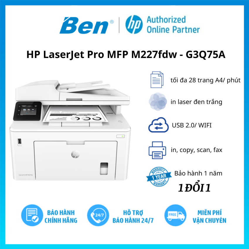  Máy in Laser HP LaserJet Pro MFP M227fdw (G3Q75A) - Hàng Chính Hãng