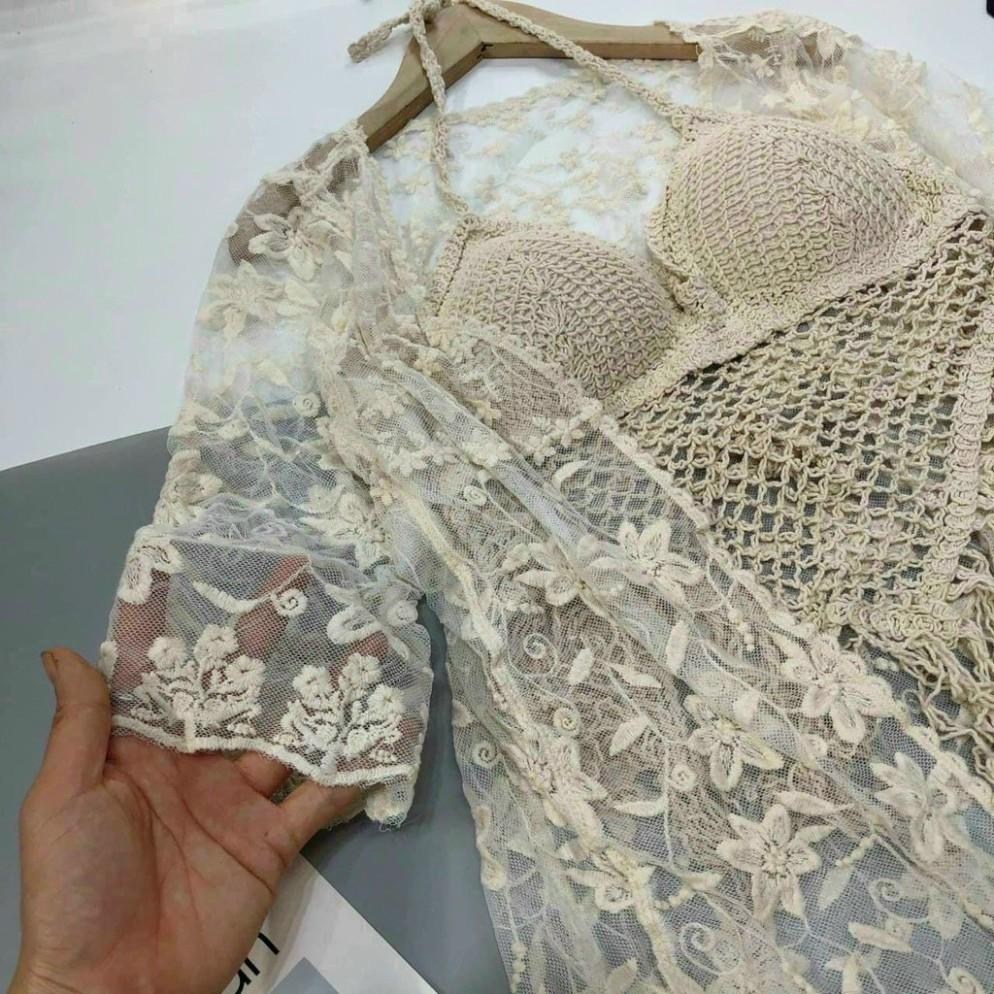 Set Đồ Set Bikini 3 Món Đi Biển Chất Ren Họa Tiết Dây Đan Siêu Xinh Phong Cách Trẻ Trung Năng Động