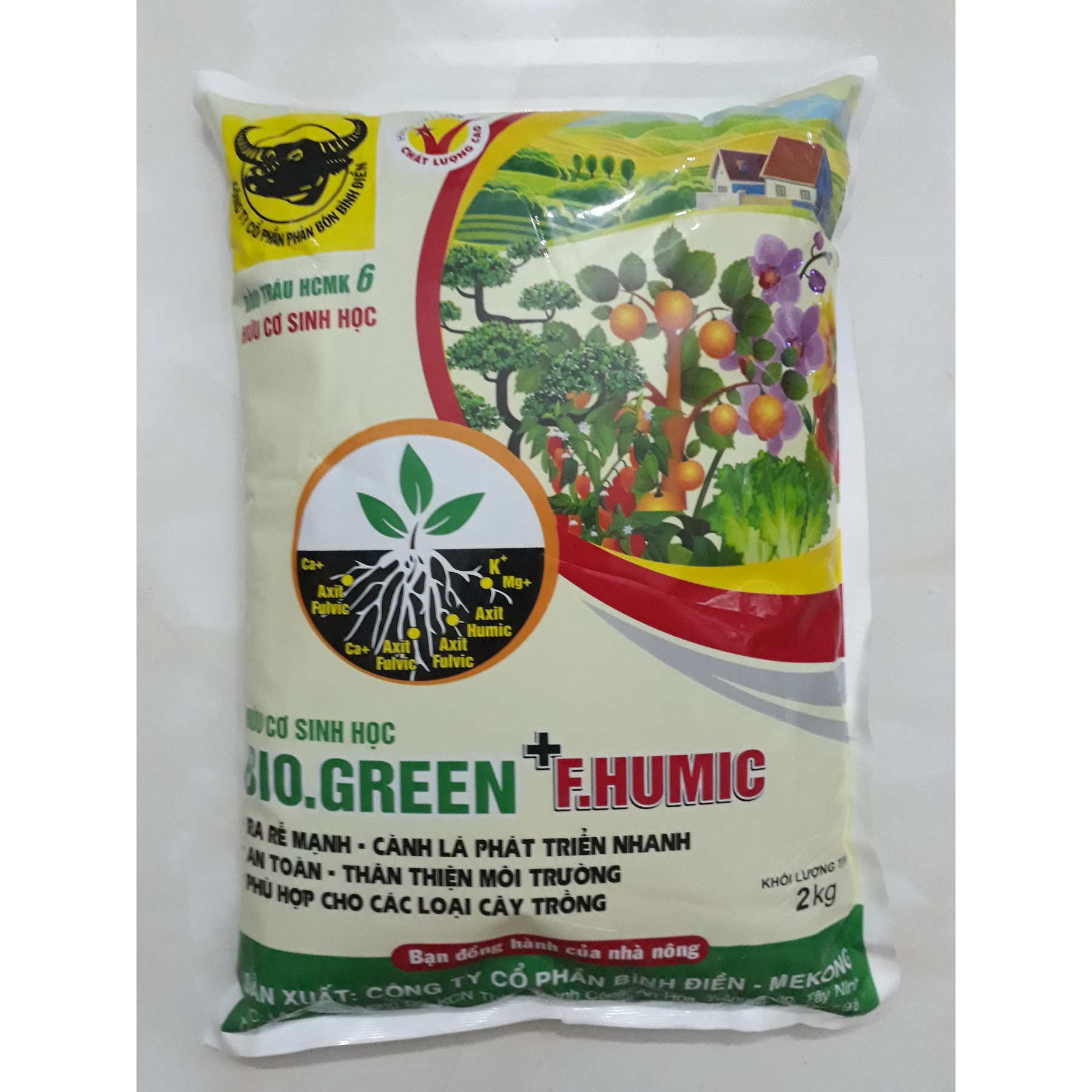 Phân bón đầu trâu hữu cơ sinh học BIO.GREEN + F.HUMIC giúp HẠ CHUA MẶN - RA RỄ NHANH gói 2KG