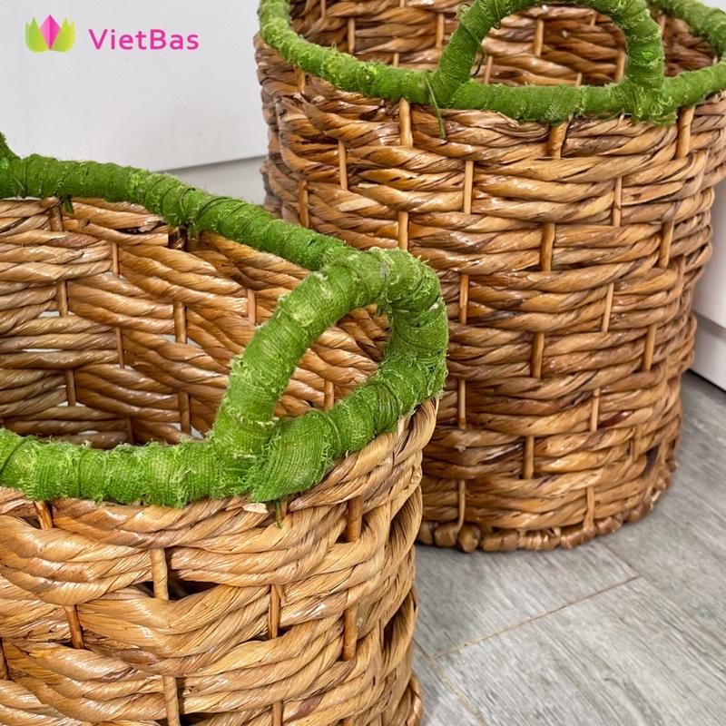 Giỏ lục bình tay cầm màu xanh VIETBAS tròn có quai MAU08