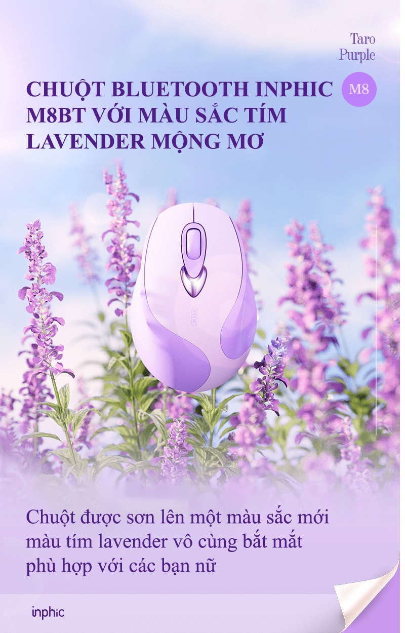 Chuột không dây INPHIC M8BT kết nối bằng Bluetooth thiết kế nhỏ gọn với màu tím Lavender cực đẹp dành cho các bạn nữ - HN - HÀNG CHÍNH HÃNG