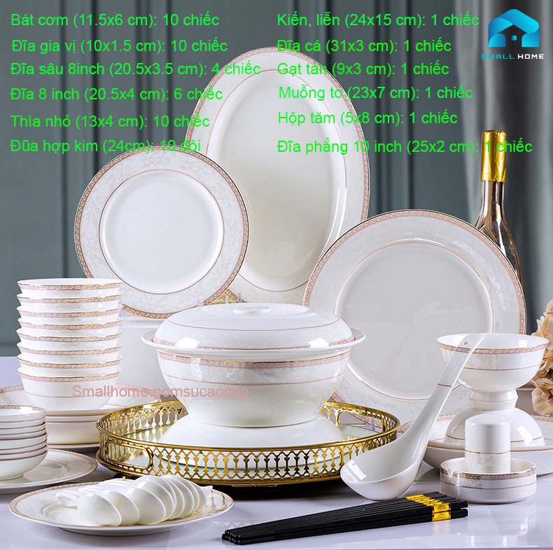 Bộ đồ ăn Họa Ảnh 56 món bằng sứ xương cao cấp, họa tiết viền tinh xảo, sang trọng, phong cách Bắc Âu.