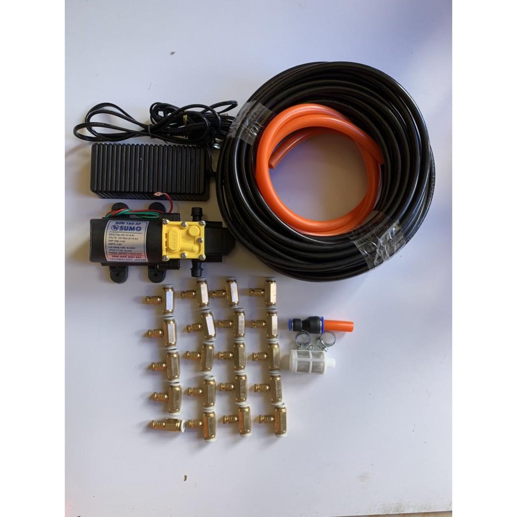 Bộ phun sương. tưới lan. bộ bơm sumo Đen kèm ng,uồn 12v_5a. 25m dây phun. 20 béc đồng. giúp làm dịu mát căn nhà và vườn