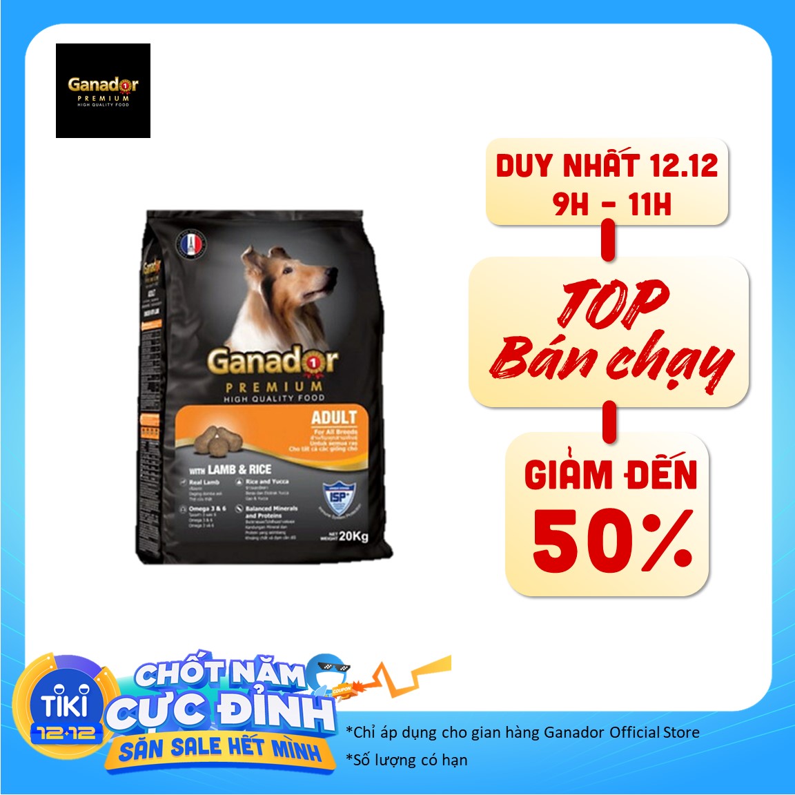 Thức ăn cho chó trưởng thành Ganador vị thịt cừu & gạo Lamb & Rice 20kg